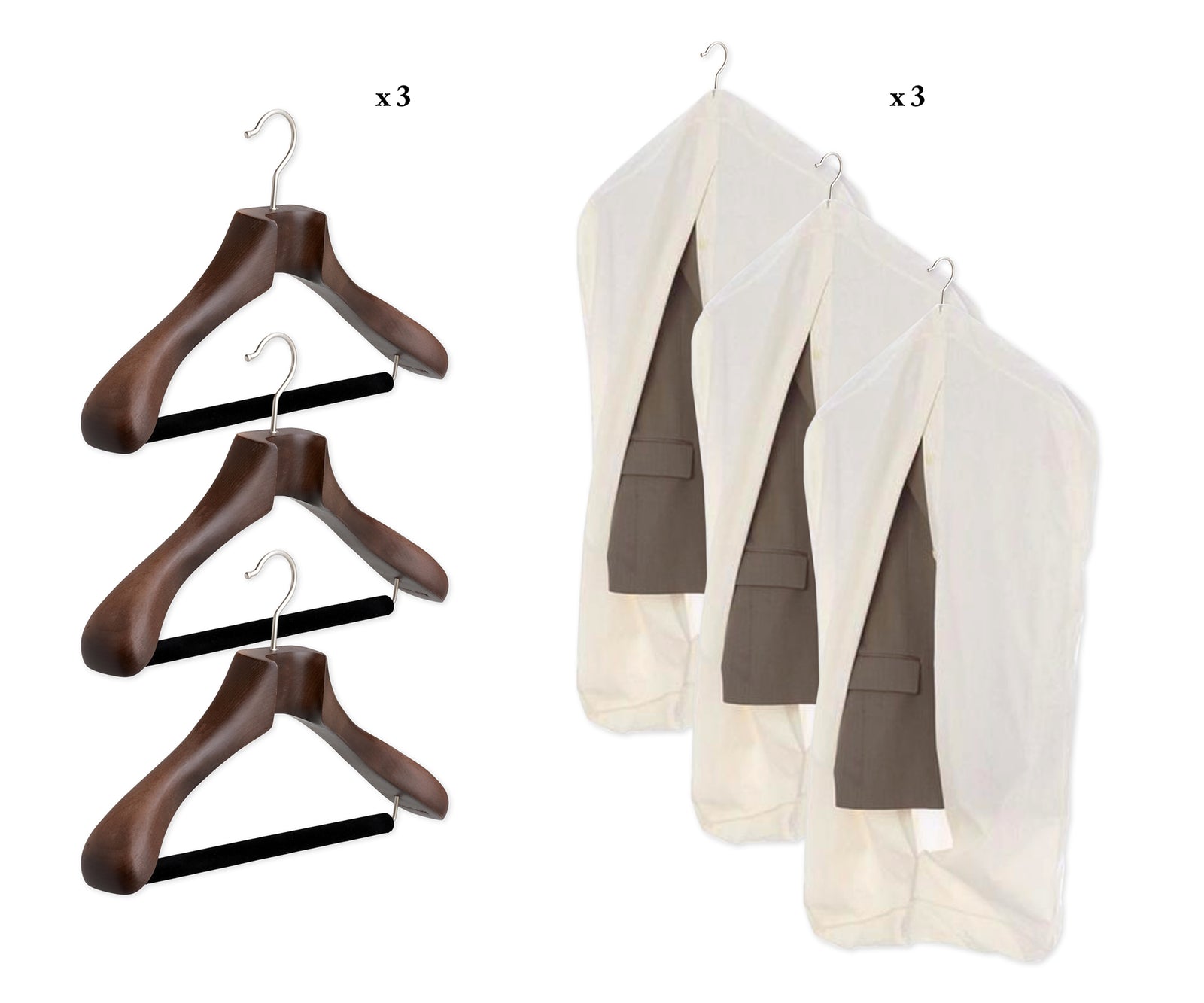 Three wooden hangers with three jackets on a white background