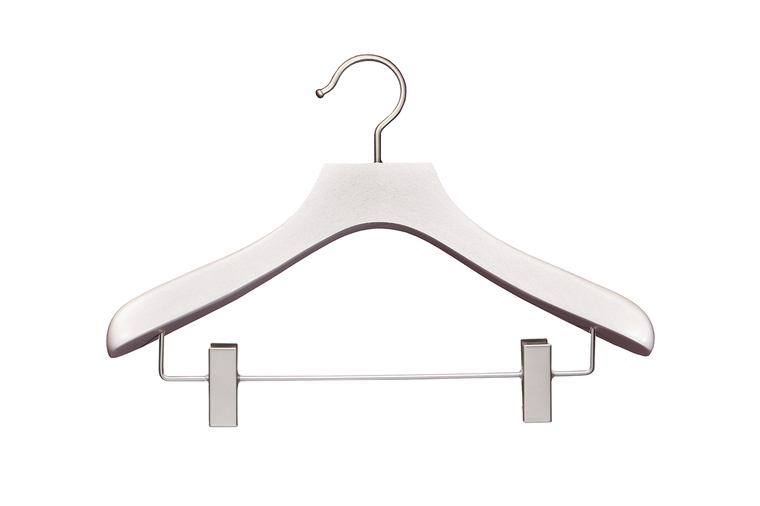 White hanger with silver hooks on a white background