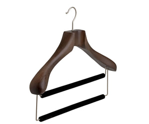 Tailor Made® Персонализирана дървена закачалка за костюм в тъмно орехово еспресо с кадифена лента за панталон